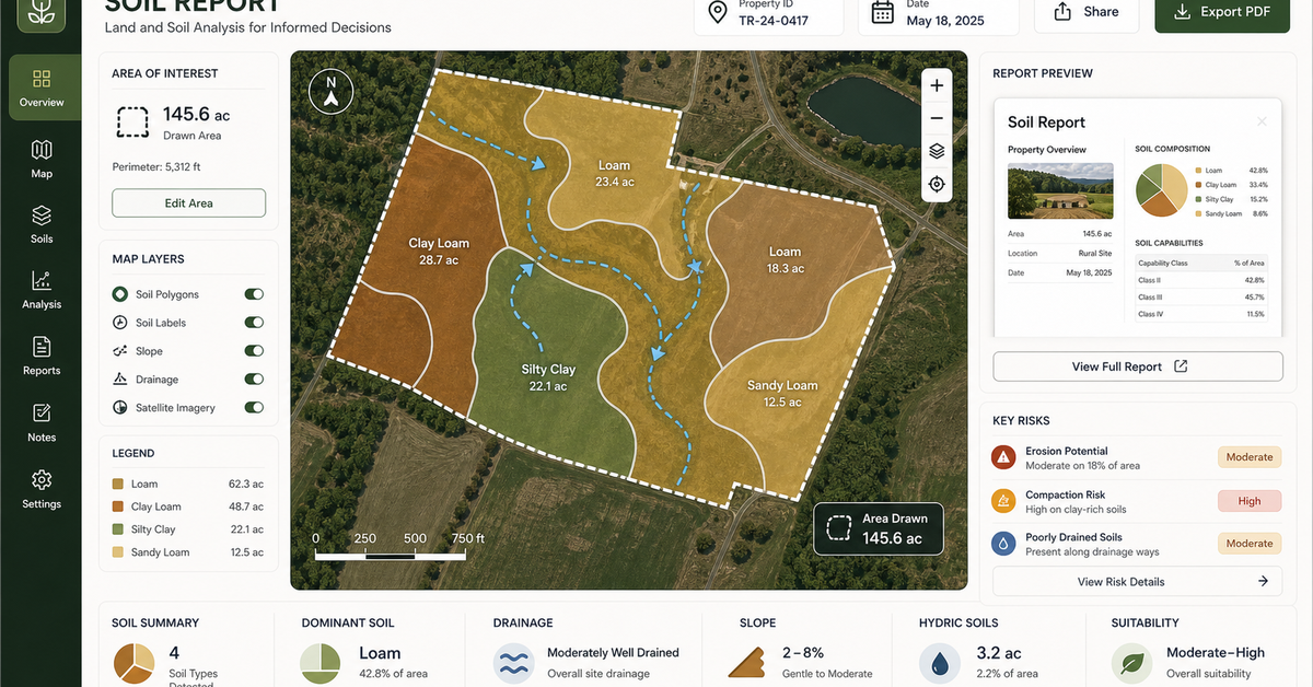 Environmental due diligence proof showing parcel review, regulatory buffer, soil risk, historical imagery, and report-ready evidence.